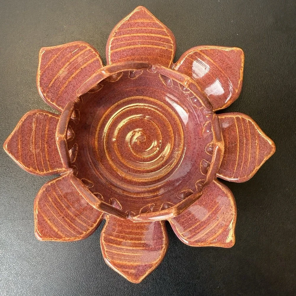 VTG Ceramic Lotus Flower Candle Holder In Terracotta Glazed Swirls Signed Beauty